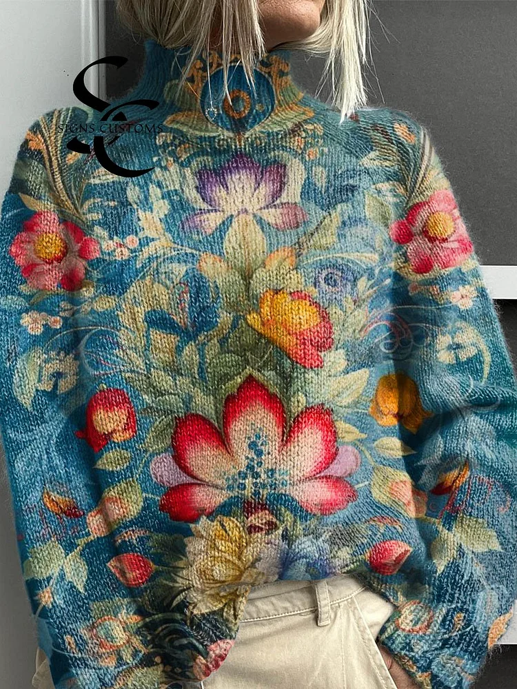 Women's Vintage Lovely Floral Art Print Knit Turtleneck Pullover Sweater