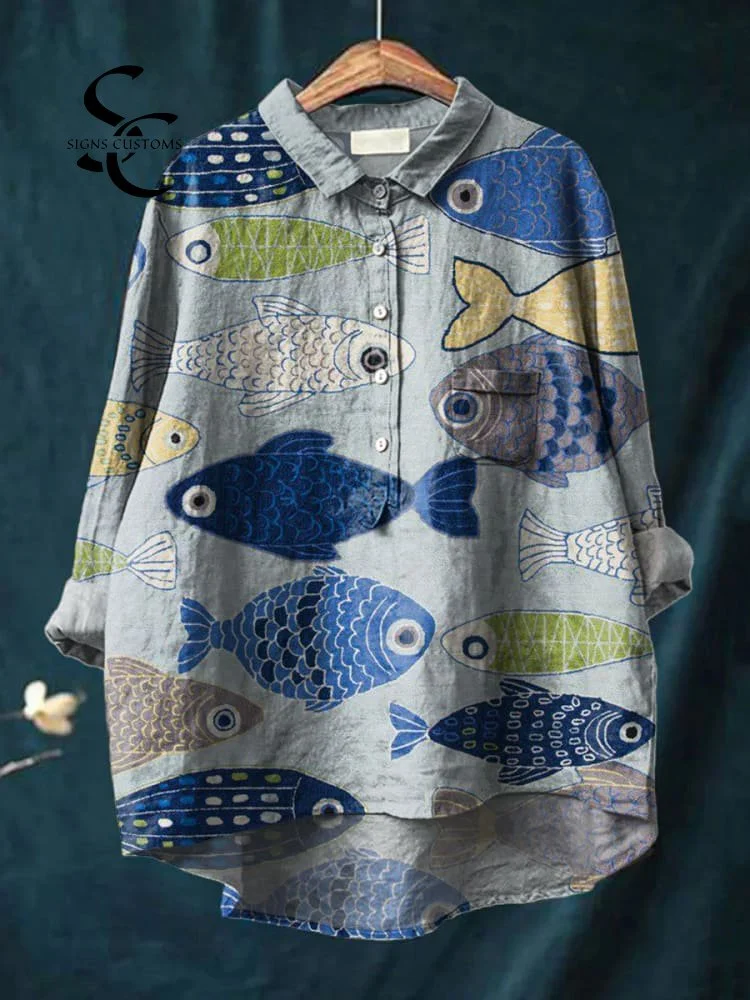 Vintage Lovely Fish Art Print Casual Cotton And Linen Shirt