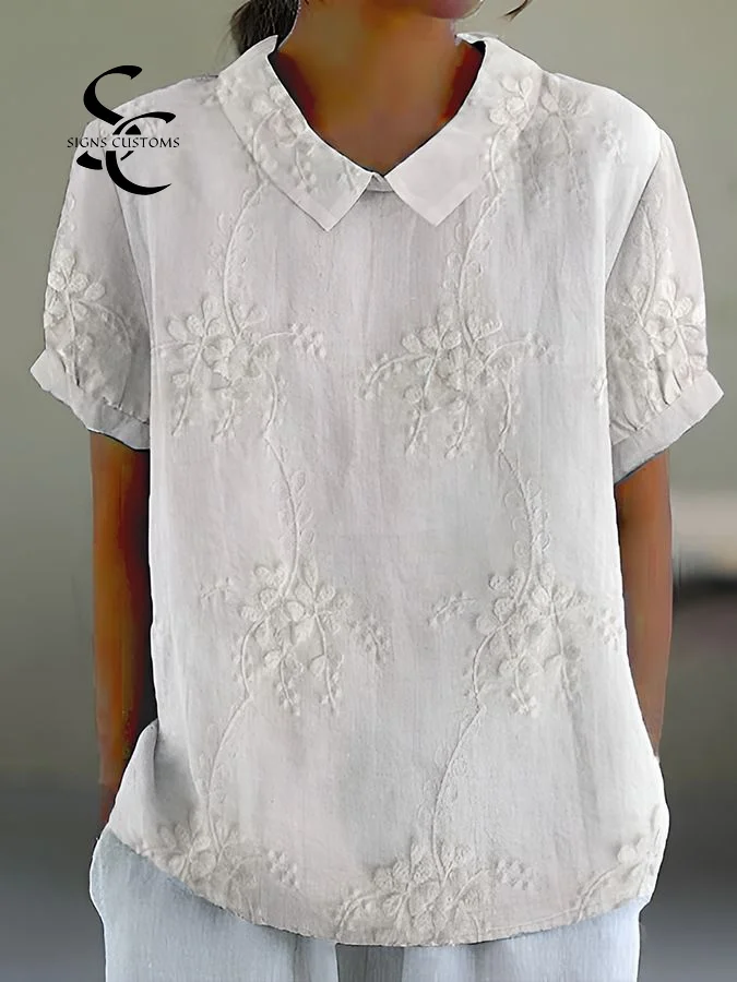 Women's  Vintage Floral Art Print Casual Cotton And Linen Shirt