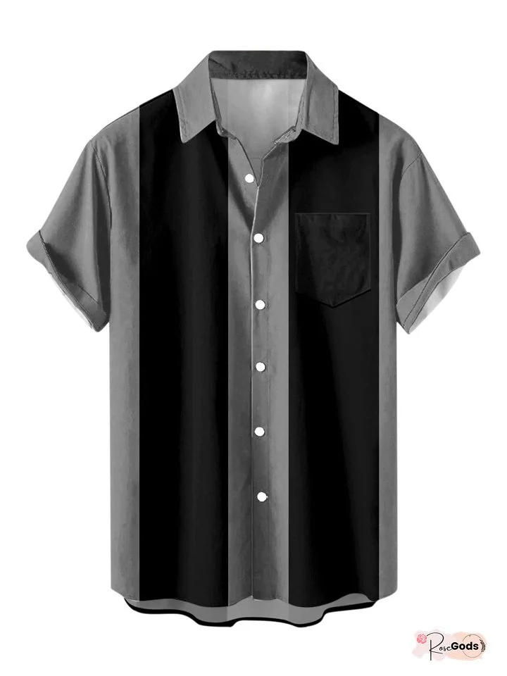Men's Shirt Bowling Shirt Button Up Shirt Summer Shirt Black-White Black / Gray Blue Short Sleeve Color Block Turndown Outdoor Street Button-Down Clothing Apparel Fashion 1950s Casual Breathable