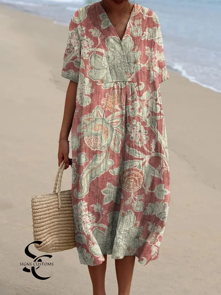 Women's Vintage Print Cotton Pocket Dress