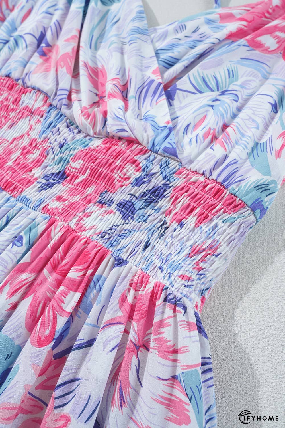 Floral Surplice Neck Shirred Waist Mini Dress | IFYHOME