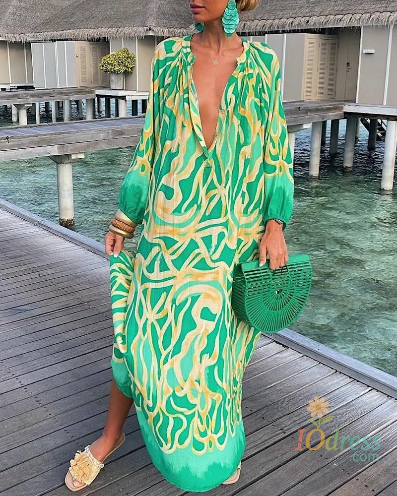 IO Dress Women Sexy Deep V-Neck Maxi Dresses Autumn Bohemian Lantern Sleeve Printe Long Dress Female Vintage Holiday Beach Cover Up Robe