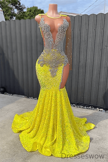 Dresseswow Yellow Scoop Long Sleeve Mermaid Evening Gowns Sequins With Split Beadings