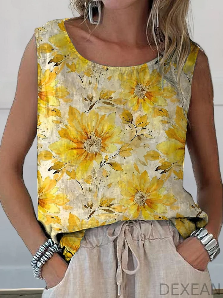 Summer Sunflower Floral Pattern Printed Women's Casual  Cotton And Linen Tank Top