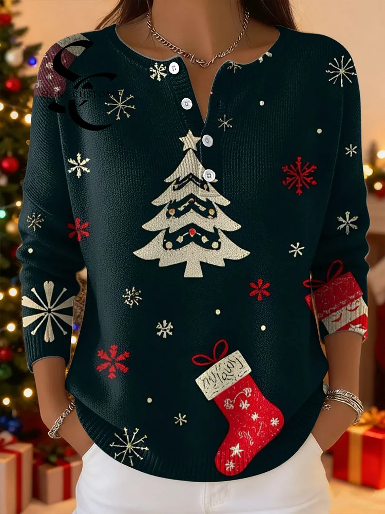 Women's Christmas Pattern Art Print Buttoned Cardigan Sweater