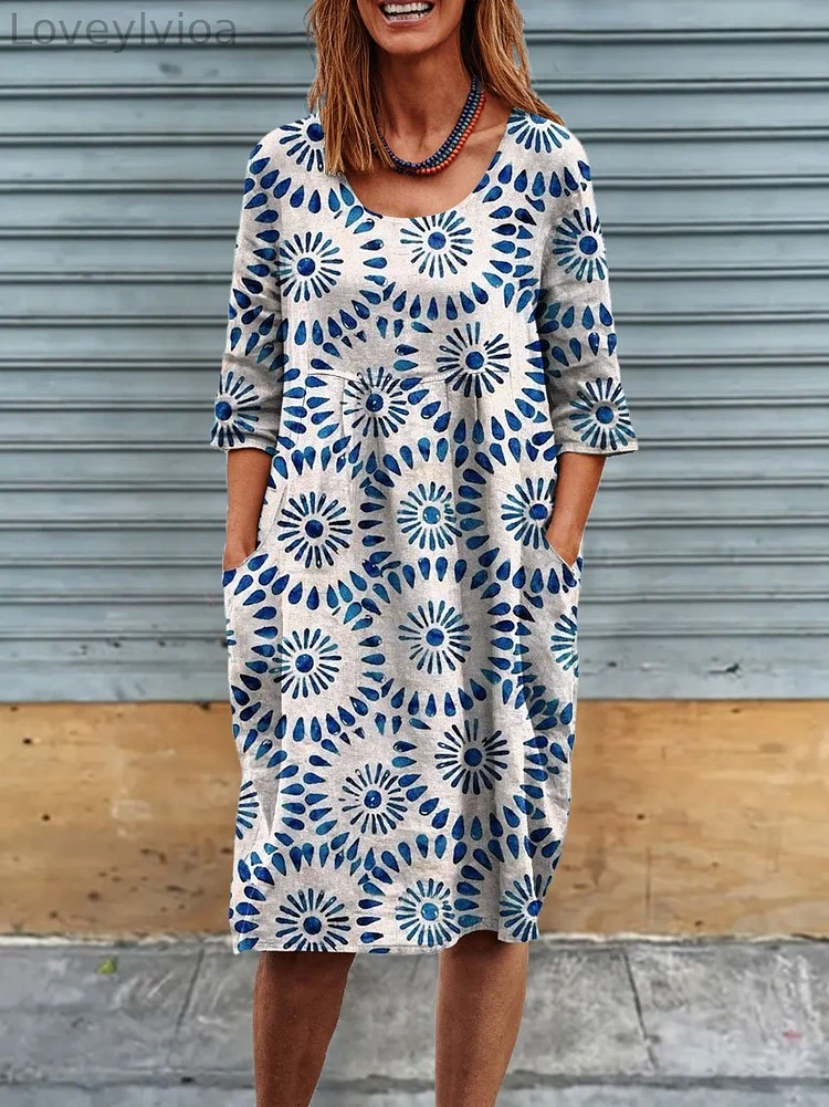 Womens Abstract Art Print Linen Pocket Tunic Dress
