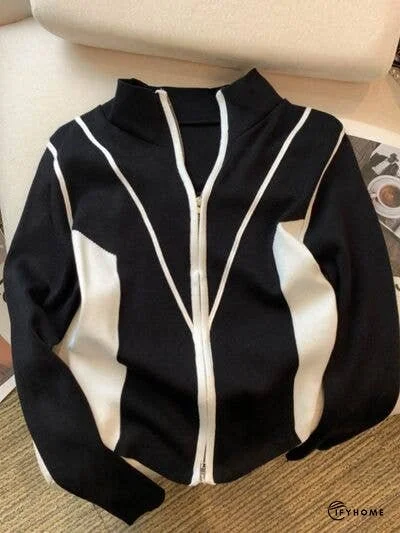 Contrast Zip Up Long Sleeve Cardigan | IFYHOME