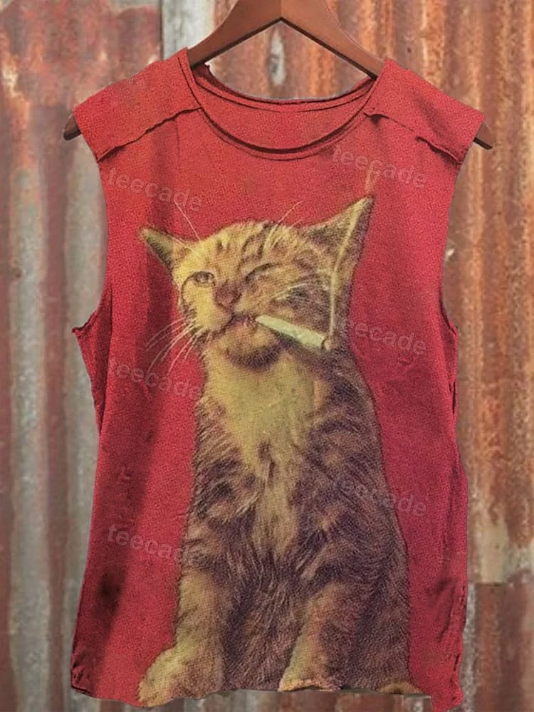Teecade Teecade Smokecat Print Casual Tank Top