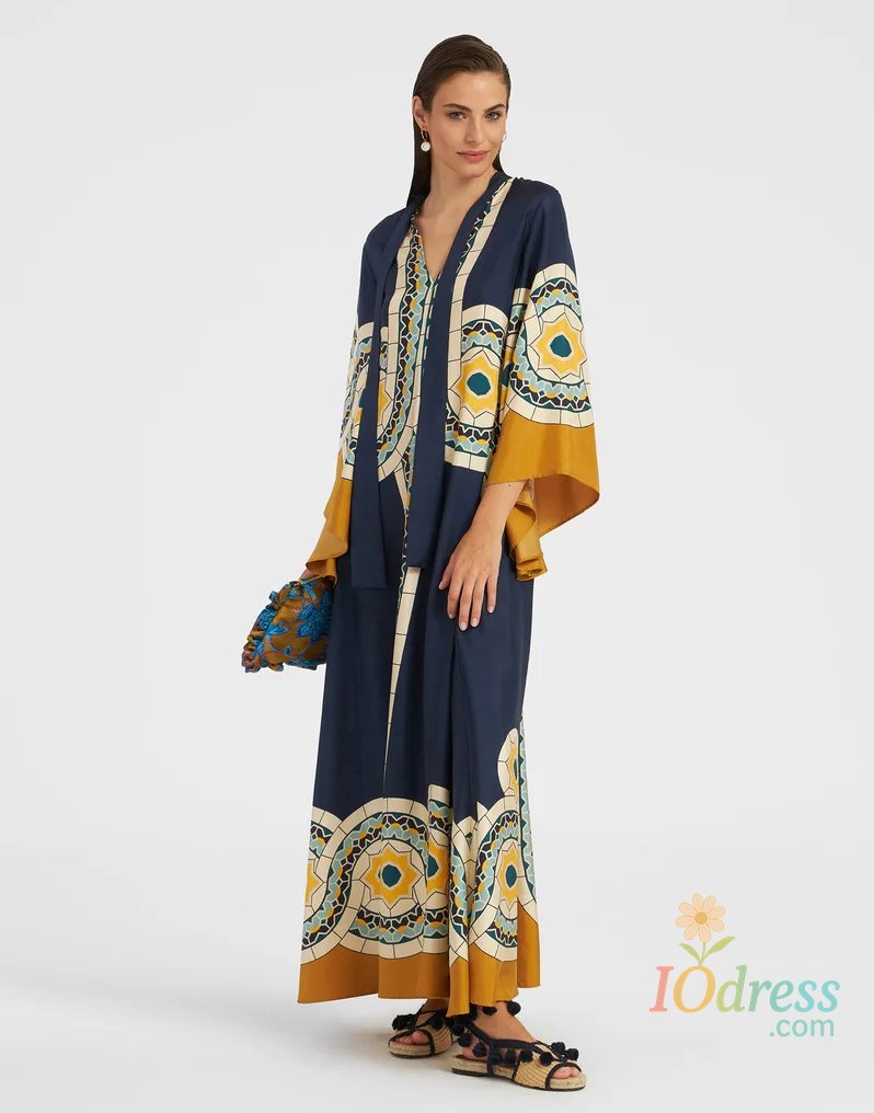 IO Dress Fashion Vintage Print Long Dresses Women Stand Collar Leace-up Irregular Sleeves Loose Maxi Dress Trendy Lady Commuting Vestidos IO Dress