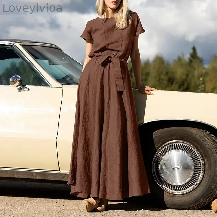 Round Neck Tie Up Short Sleeved Solid Color Maxi Dress