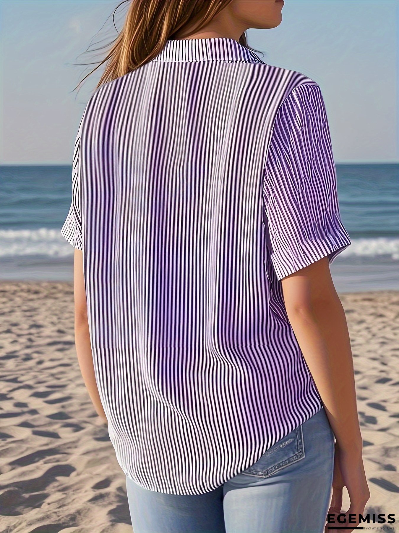 Women&lsquo;s Casual Striped Button-Up Shirt - Short Sleeve, Lightweight Summer Top with Vertical Purple & White Stripes, Classic Collar Design, Machine Washable, Ladies T Shirts | EGEMISS