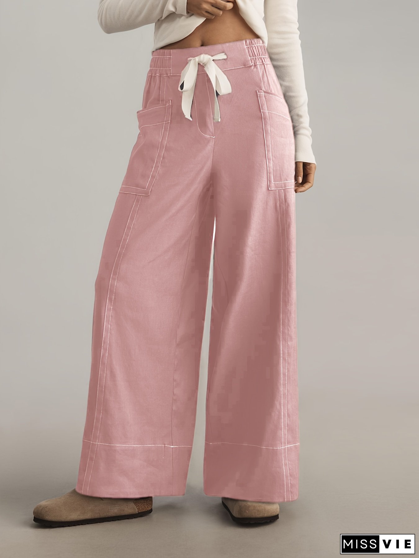 Women&lsquo;s Elegant Wide-Leg Pants with Drawstring Waist - Comfortable Stretch Fabric, Side Pockets, Solid Color, Perfect for Business or Casual Wear, Comfortable Fashion | Flowing Fit Pants | Smooth Texture Fabric