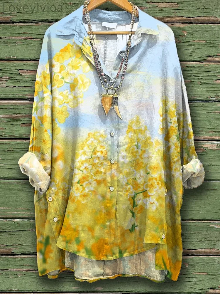 Women's Flowers Print Casual Cotton And Linen Shirt