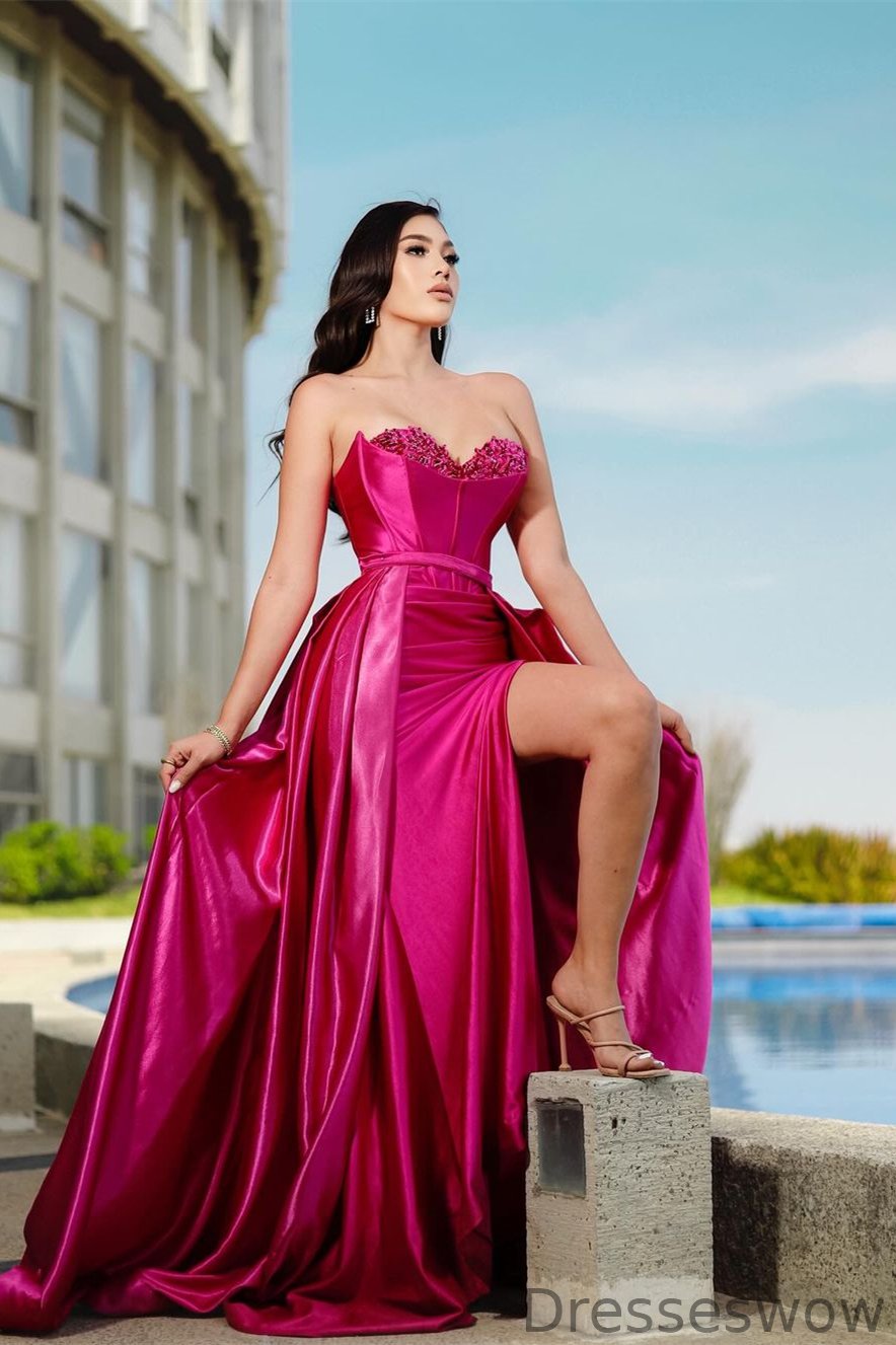 Dresseswow Fuchsia Sweetheart Sleeveless Mermaid Formal Dress With Split Beads Overskirt