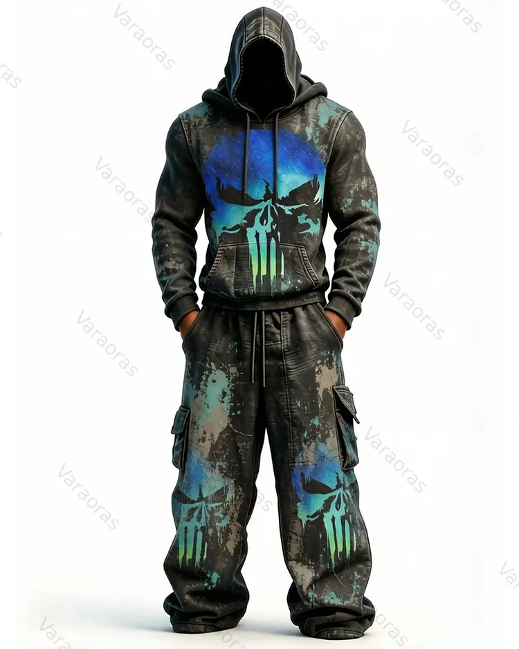 Men's Fashion Skull Contrast Color Embroidered Hoodie & Pants Two-Piece Set 4037