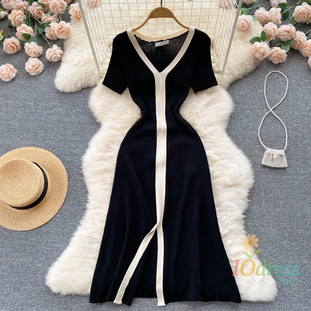IO Dress Vintage Elegant Short Sleeve Stretch Knit Slim Dress French Fashion Casual Vestidos A-line Basic Autumn Winter Sweater Dresses IO Dress