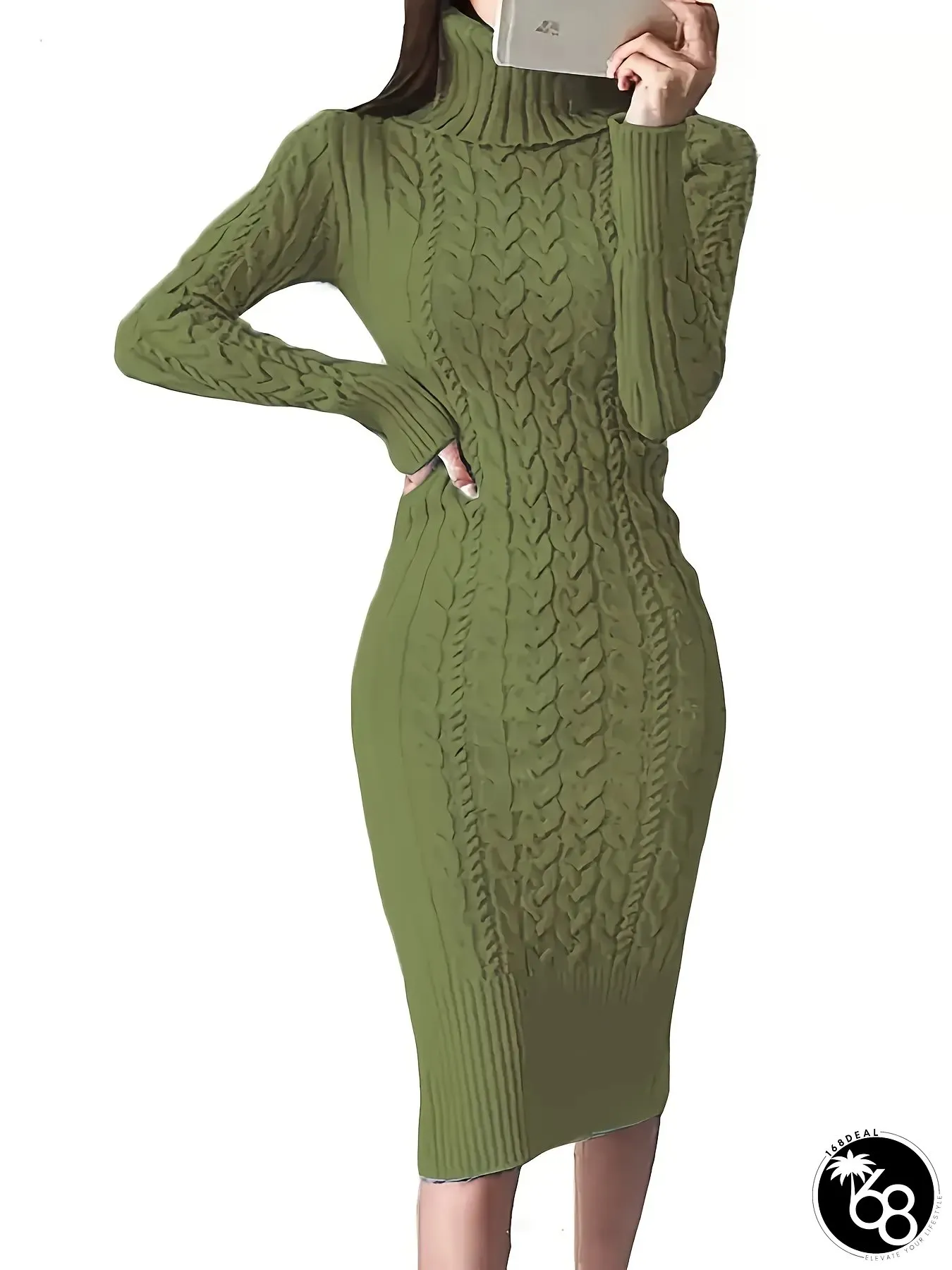 Womens Elegant High-Neck Sweater Dress Slim-Fit Long Sleeve Ribbed Soft Viscose Blended | 168DEAL
