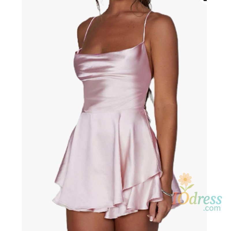 IO Dress Summer Solid Color Backless Sexy Fashion Satin Lady Short Strap Dress Elegant Sweet Strap Pullover Women's Mini Skirt New 23235