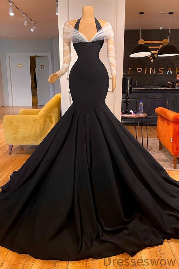 Dresseswow Black Halter Mermaid Evening Dress With Sheer Long Sleeves