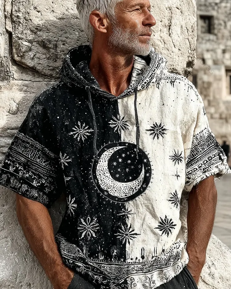 Men's Summer Star and Moon Print Embroidered Casual Linen Short-Sleeve Hooded Top 2150