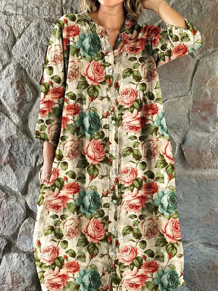 Women's Rose Floral Print Elegant Simple Cotton Shirt Dress