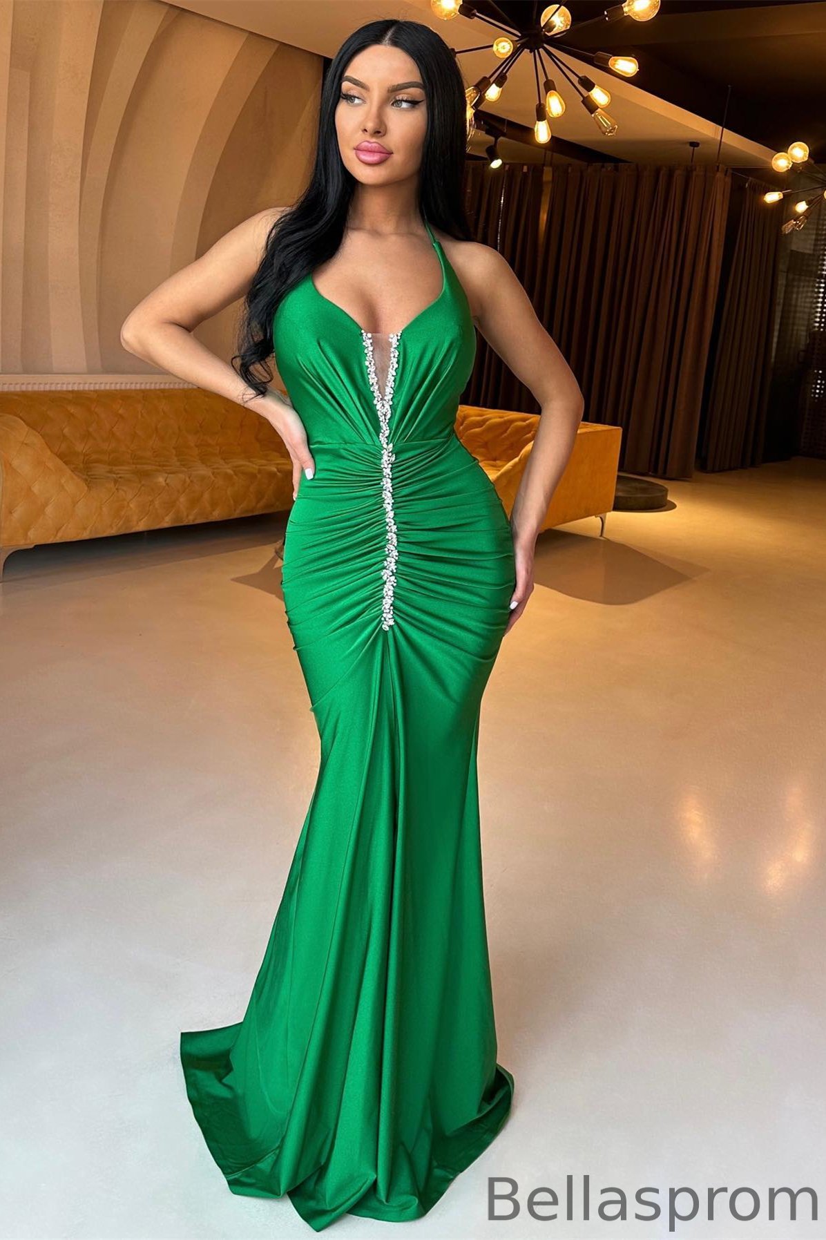 Bellasprom Green Halter Mermaid Prom Dress Beadings With Front Split Bellasprom