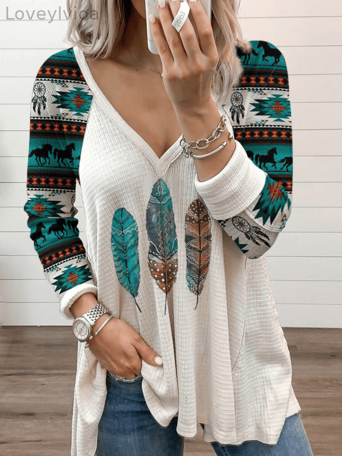 Women's western ethnic style feather print V-neck T-shirt