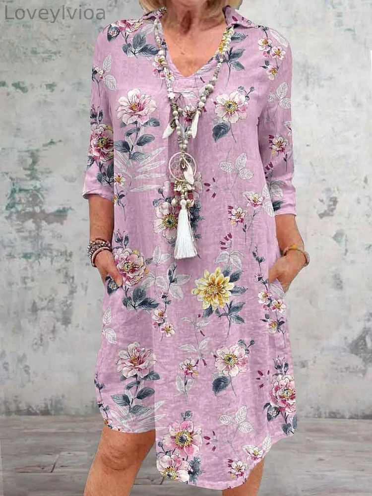 Women's Elegant Floral Cotton and Linen V-Neck Dress