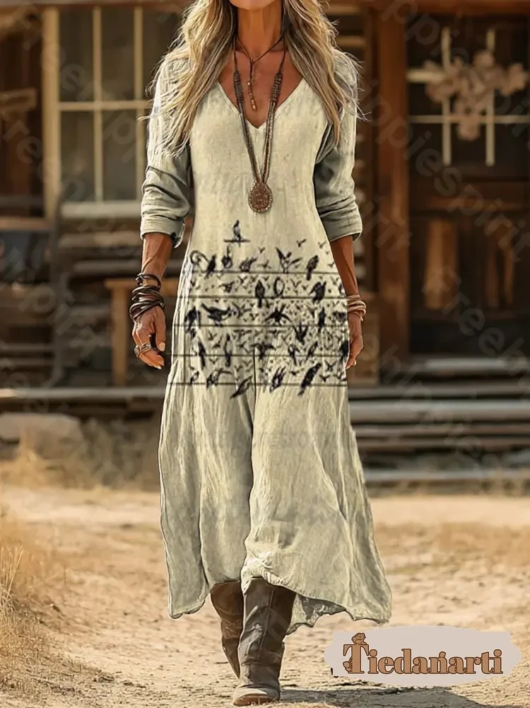 Women's Retro Bird Note V-Neck Long Sleeve Cotton Pocket Dress