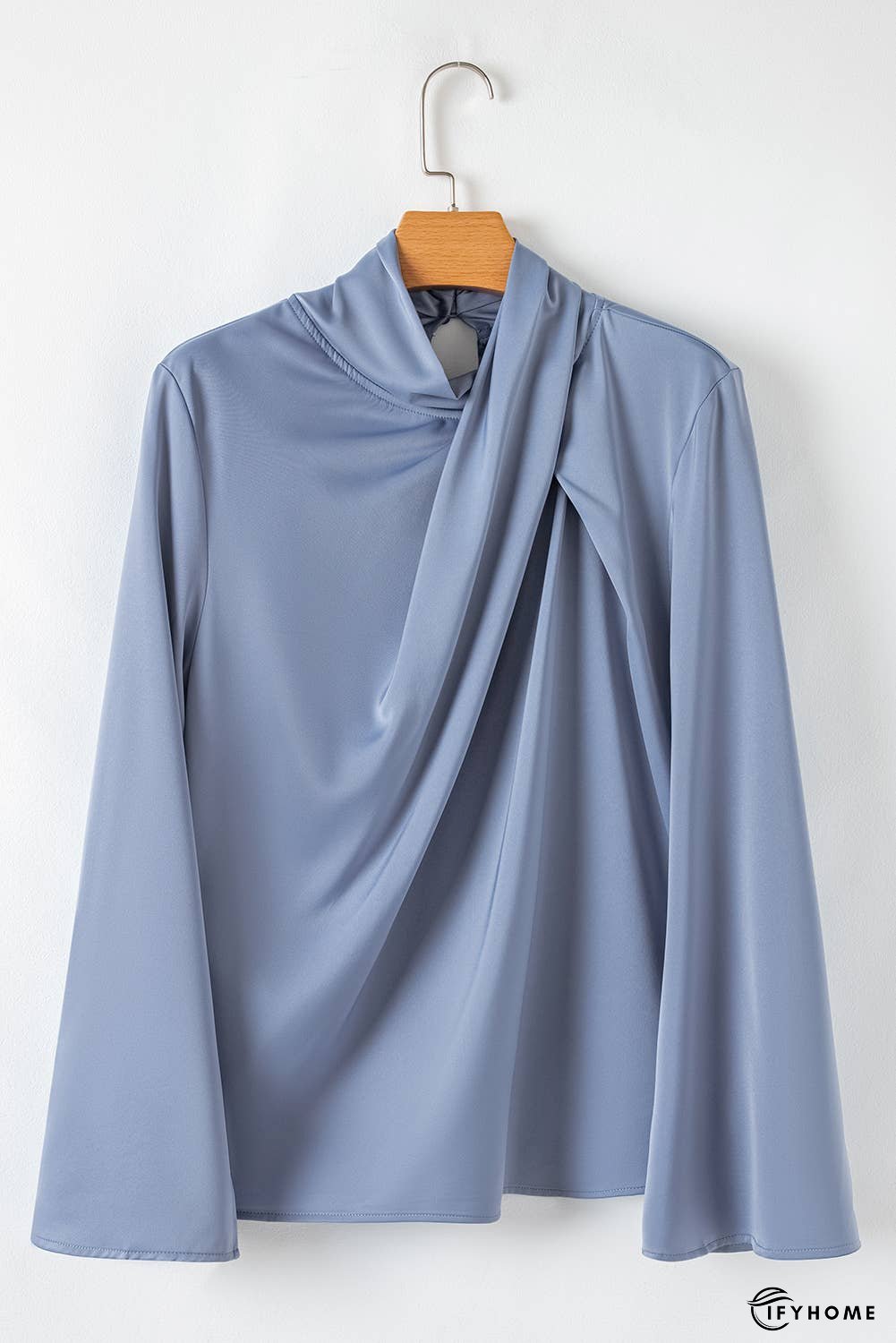 Asymmetric Pleated Turtleneck Bell Sleeve Blouse | IFYHOME