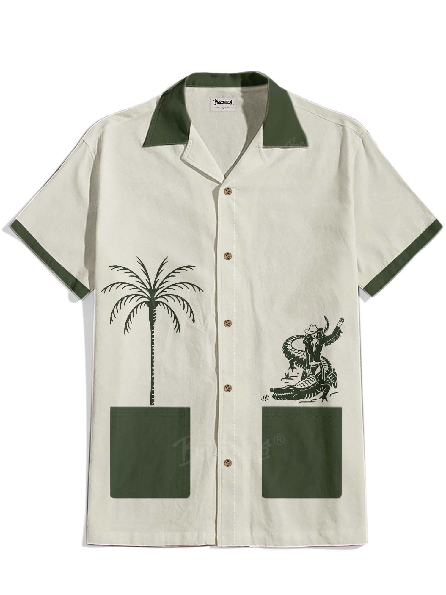 Cowgirl Riding A Crocodile Under A Coconut Tree - 100% Cotton Cuban Collar Shirt