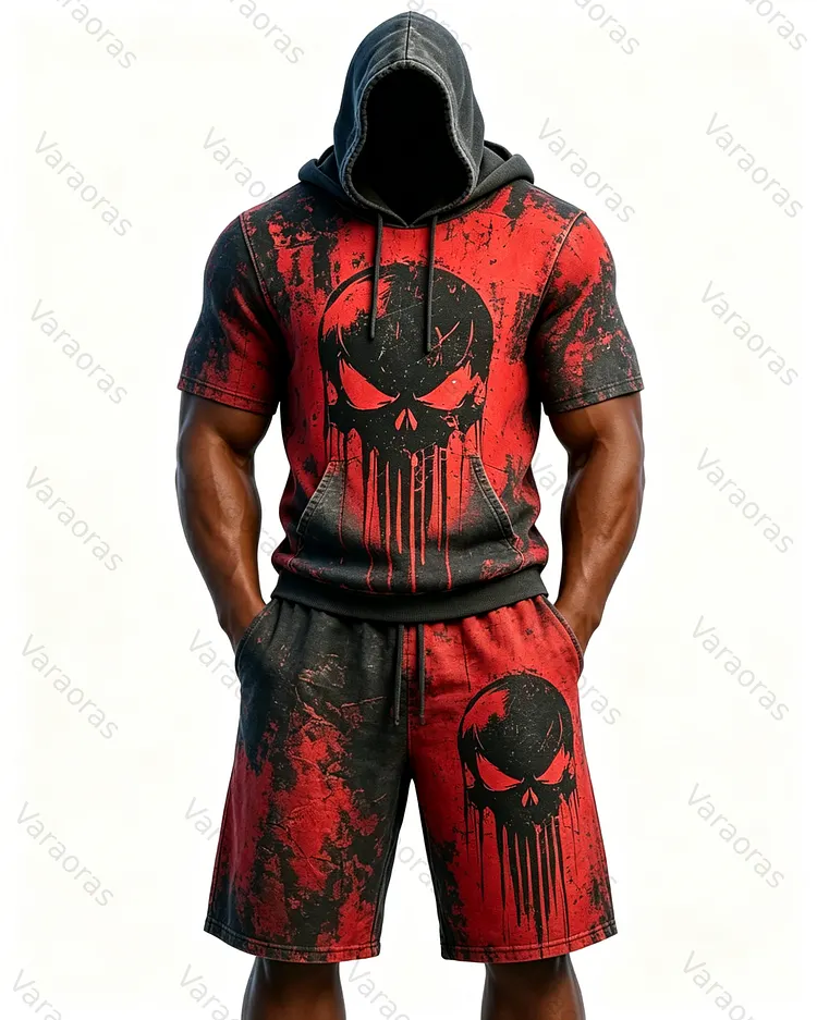 (Short Set) Men's Fashion Vintage Contrast Color Skull Embroidered Hoodie & Pants Two-Piece Set 5721