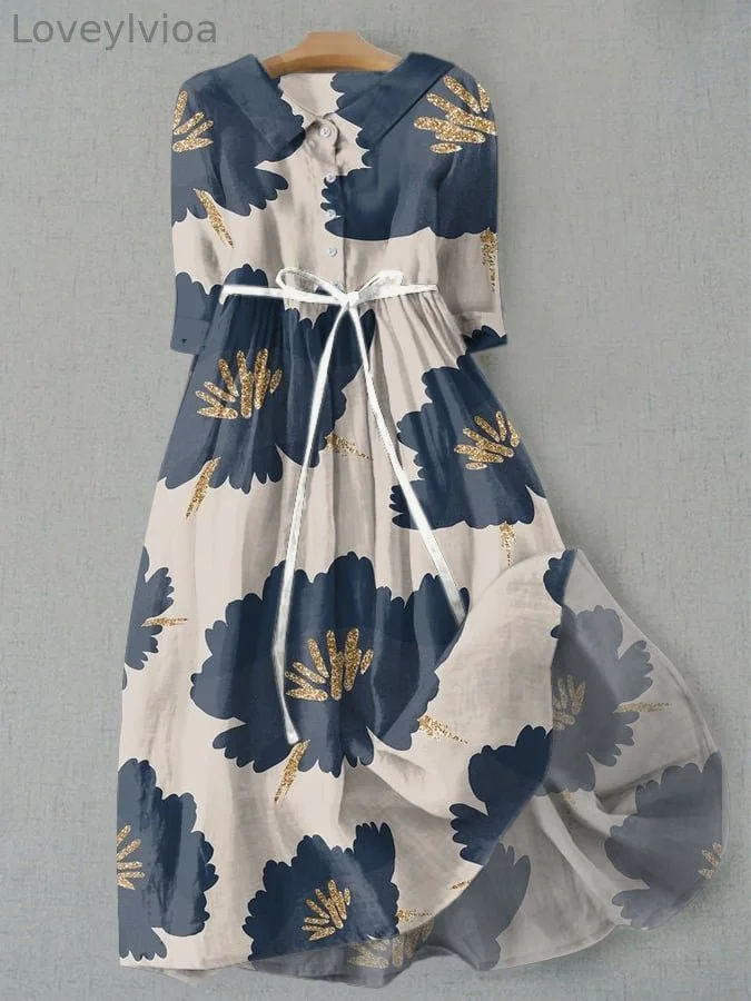 Women's Vintage Floral Print Lapel Waist Tie-Up Dress