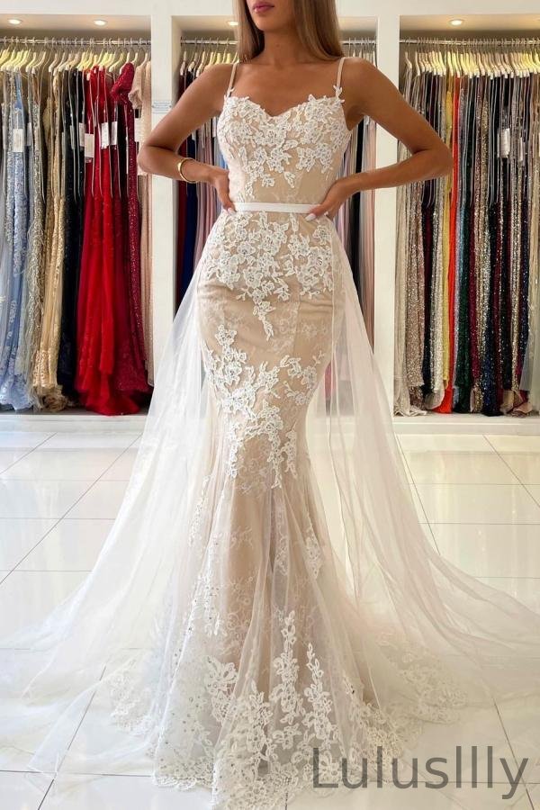Spaghetti-Straps Mermaid Prom Dress Lace Appliques - lulusllly