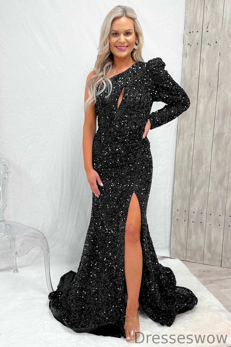 Dresseswow Black One Shoulder Long Sleeve Mermaid Prom Dress Sequins With Split