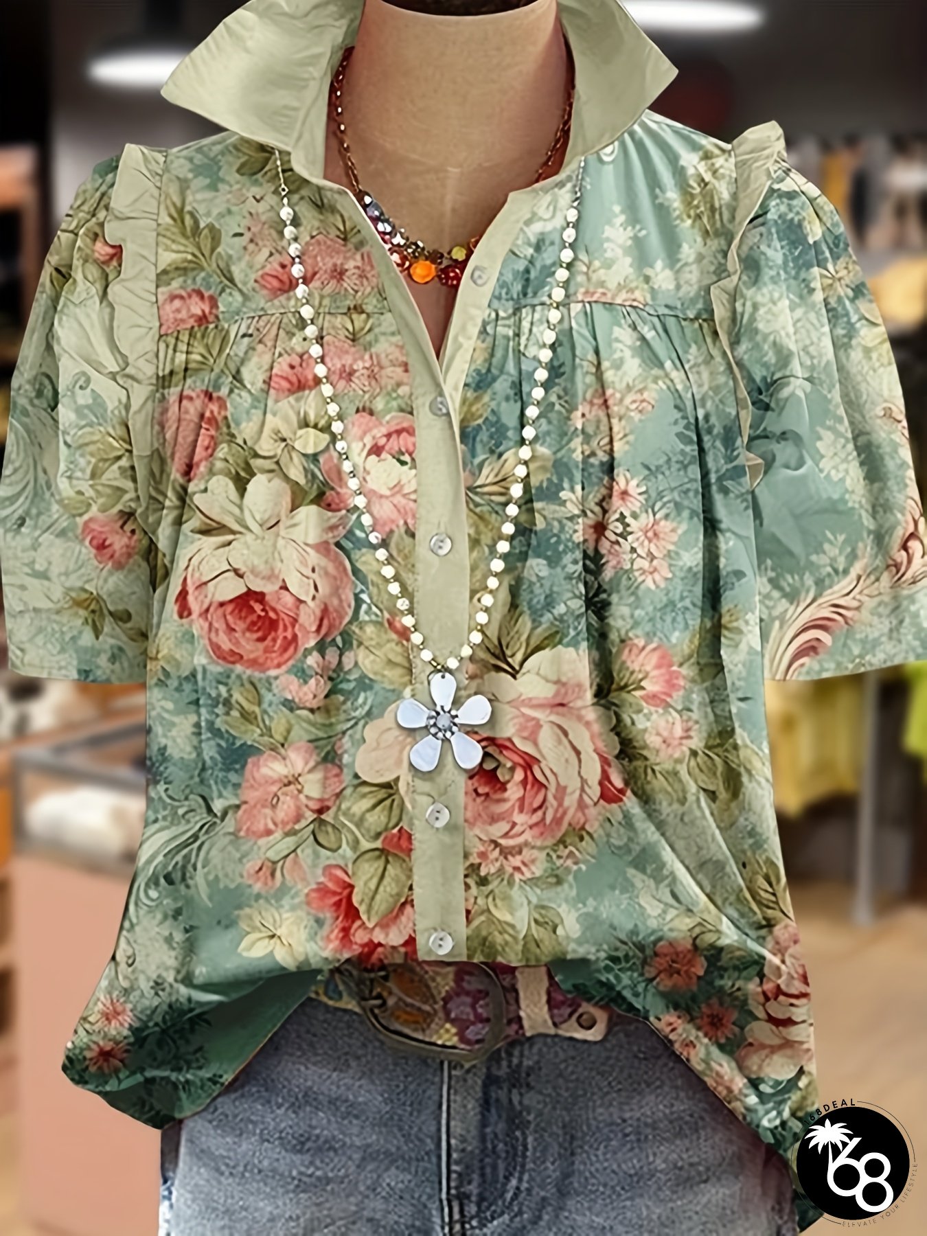 Womens Floral Blouse Shirt Vintage Print with Stand-up Lapel collar Puff Sleeves Teal | 168DEAL