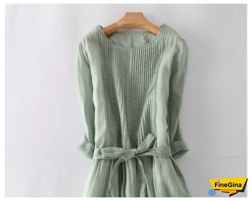 Loose Cotton Linen Tie Three Quarter Sleeve Dress