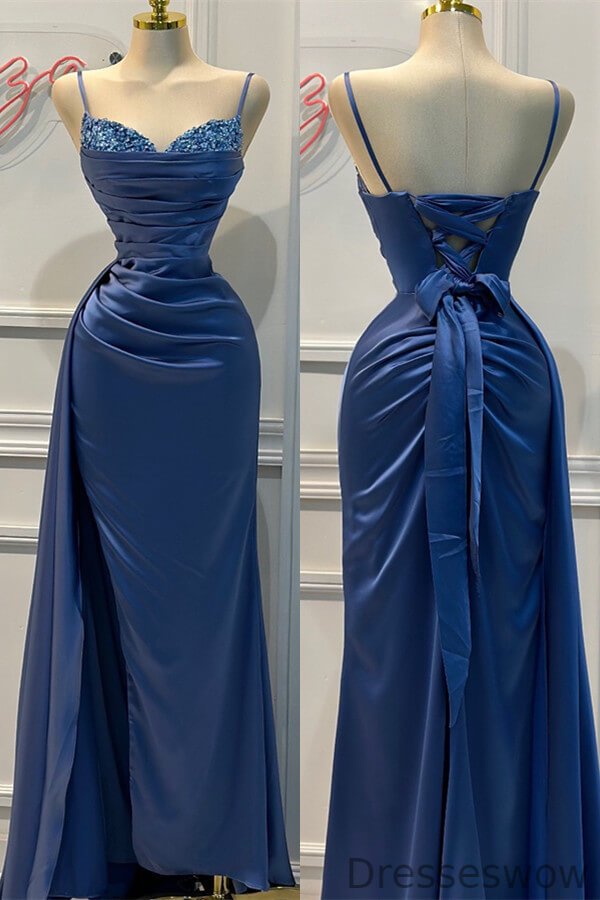 Dresseswow Dusty Blue Sweetheart Sleeveless Mermaid Ball Dress With Split Beads Ruffles Lace-Up