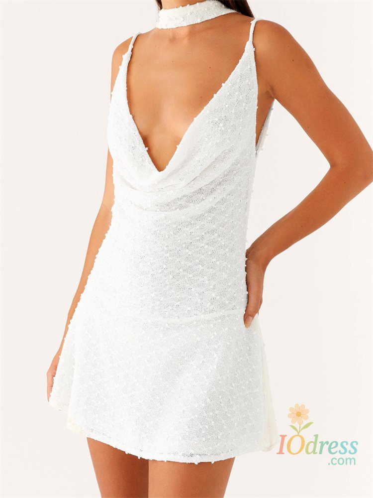 IO Dress CHRONSTYLE Women Mini Dresses Dot Sleeveless Spaghetti Strap Deep V-neck Sling Dress Summer Backless Vestidos with Choker Scarf IO Dress
