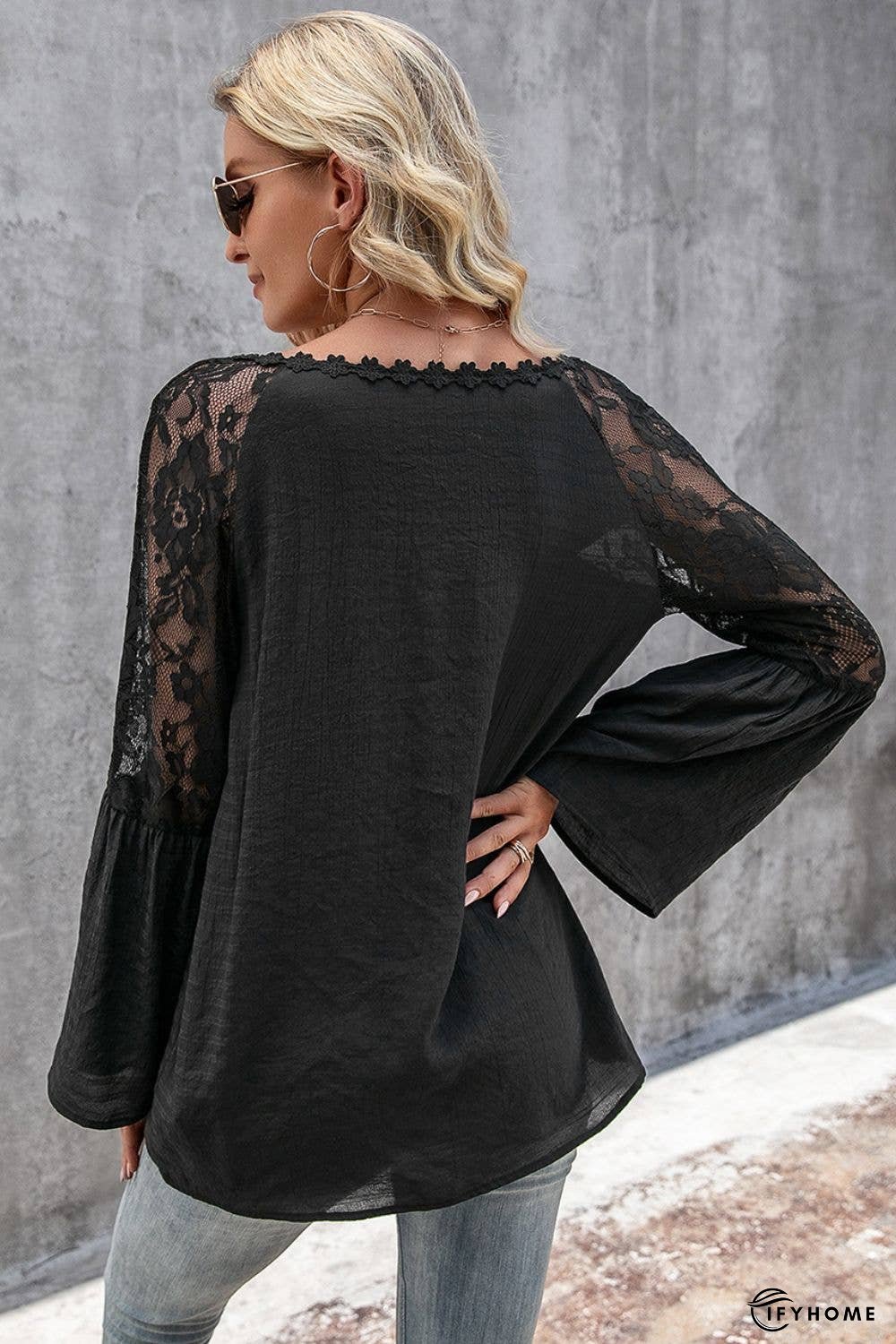 V-Neck Spliced Lace Flare Sleeve Top | IFYHOME