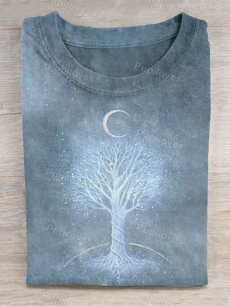 Pupiloves Pupiloves  Unisex World Tree Gray Moon Night Art Print Casual Round Neck T-Shirt