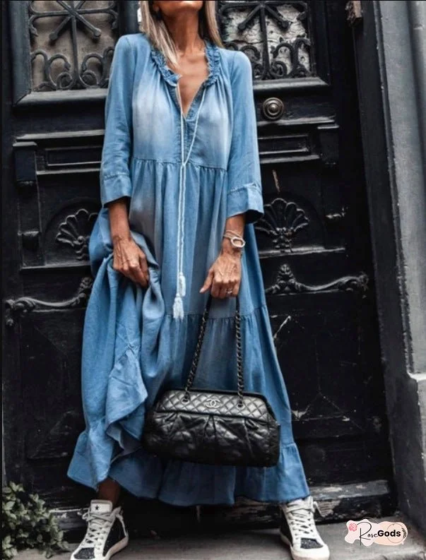 Seven-point Sleeve Long Washed Denim Dress