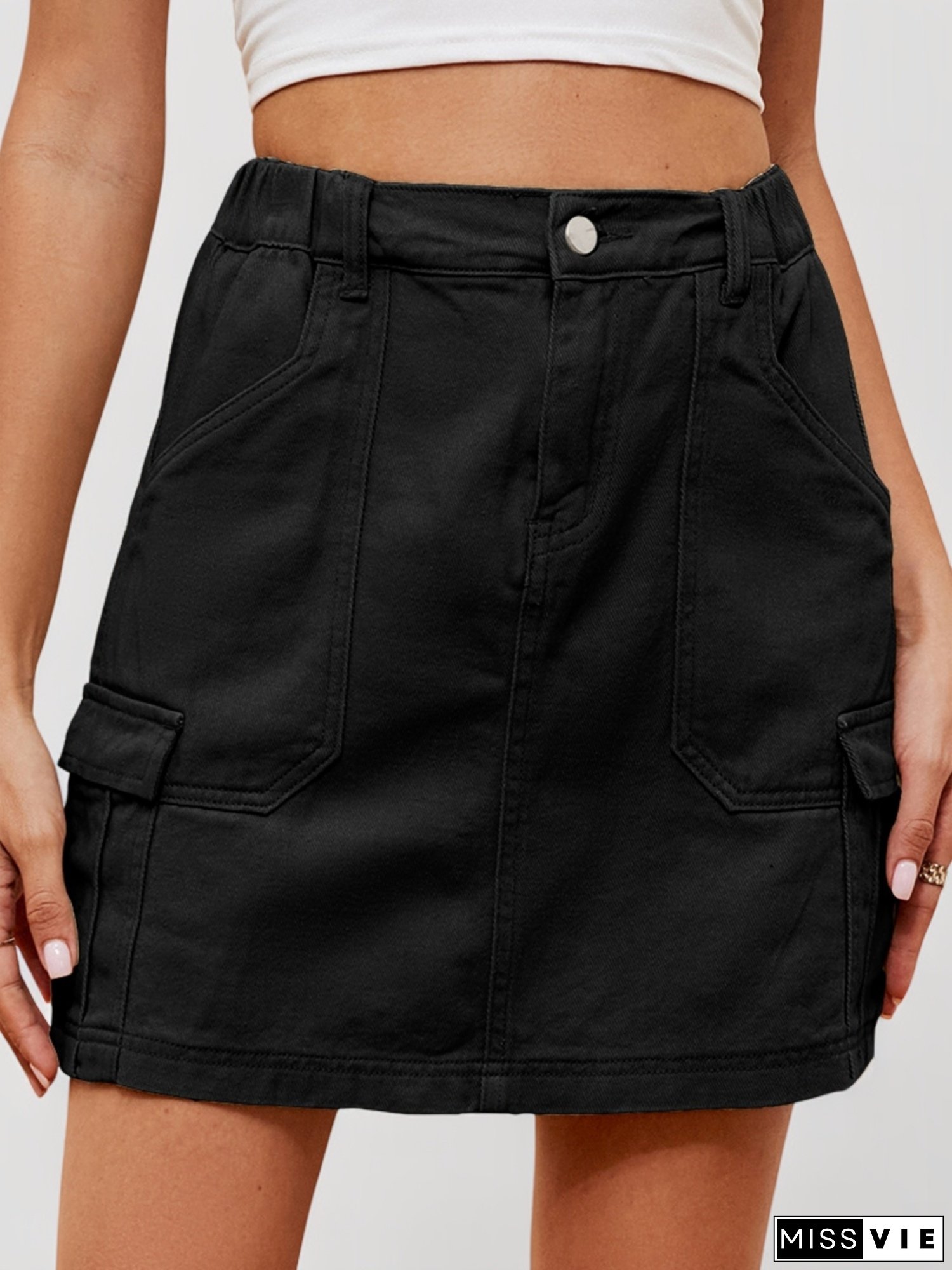 Women's High Waist Denim Cargo Skirt with Flap Pockets - Beige A-Line Mini Jean Skirt, Casual Streetwear Style, Machine Washable, Spring/Summer/Fall Essential, Versatile Wear Skirt | Button Detail Skirt | Utility Style Skirt, Mini Skirt
