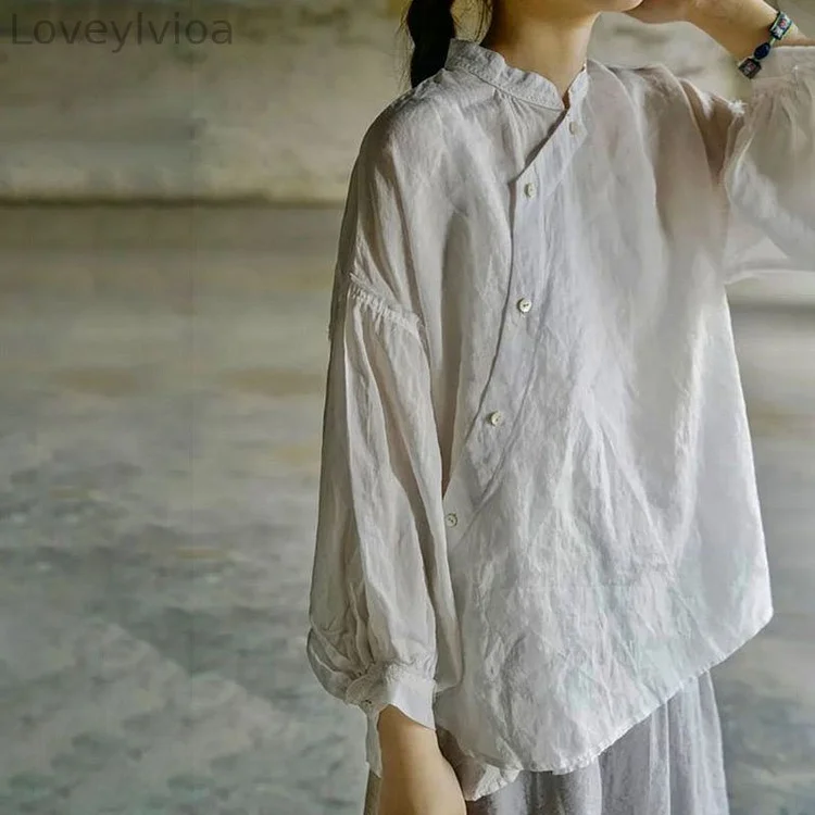 Vintage Button Slanted Placket Comfy Cotton Linen Casual Shirt
