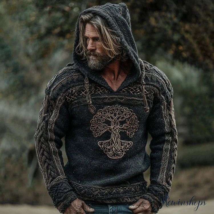 Men's Viking Tribal Tree Of Life Jacquard Knitted Hooded Sweater