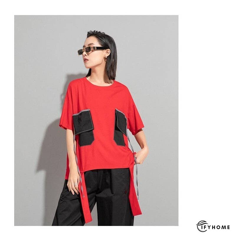 Color Block Personality Ribbon Short Sleeve T-Shirt | IFYHOME