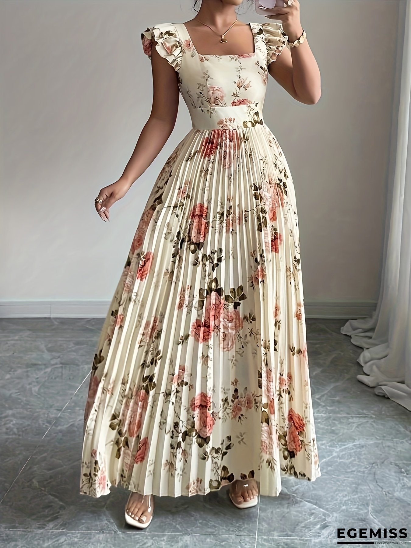 Elegant Women's Ruffle Hem Vest Maxi Dress, Floral All-Over Print Pleated Skirt Long Gown - Stylish High-End Resort Beach Datewear | EGEMISS