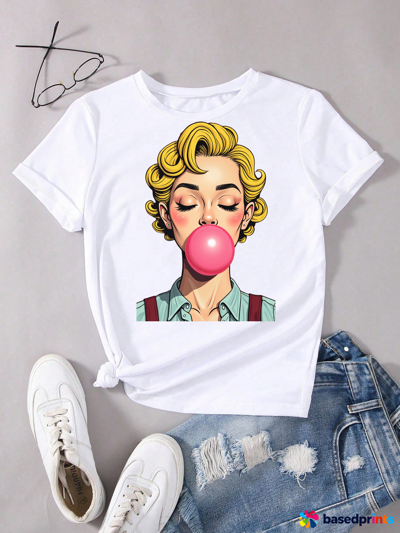 White Cotton Short Sleeve T-Shirt with Cute Girl Print
