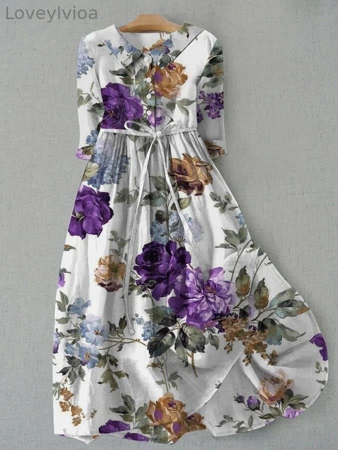 Women's Vintage Botanical Floral Design Print Lace-Up Dress